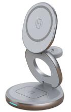 grey three part charging unit, with three oval parts connected in a folded design, with the middle oval offering a platform for a smartwatch
