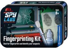 small metal tin with 'fingerprinting kit' on the front and cartoon images of fingerprints and tools