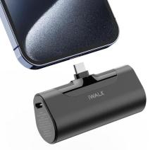 Black rounded bar shaped portable charger with USB-C connector point up from the middle just below the charging port of a phone 