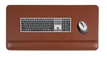 brown leather look desk mat and wrist support, with keyboard and mouse on top