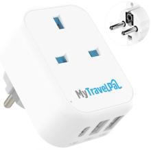 white travel adaptor with plug and 2 USB-A and 1 USB-C port on the bottom 