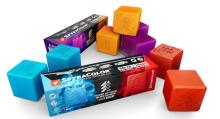 two rectangular boxes surrounding by blue, red, purple and yellow cubes