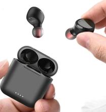 black earbud charging case with hand holding one earbud