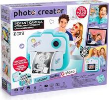 purple and white product box showing a kids camera, and various images showing the cameras uses 