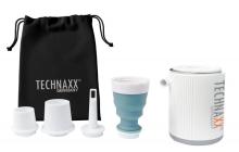 white air pump, 4 pump nozzles and a black drawstring bag with the world 'TECHNAXX' on it, all on a white background 