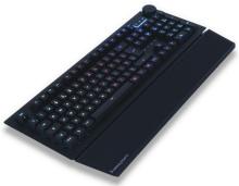 black keyboard with a wrist support on a white background 