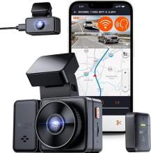 black dash camera and remote, in front of phone showing a car's route and a smaller dash camera in the top of the image, all on a white background 