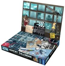 cardboard box with lid flap with different puzzle windows, the box includes carious hollywood images such as film board and cartoons of actors