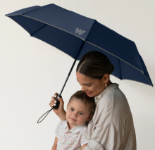 woman holding an umbrella above her and a child 