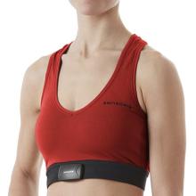 person wearing a red sports bra with black under bust band with heart rate monitor of the front