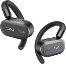 black earphones with an over ear hook design on a white background
