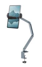 tablet held by a metal arm with a clamp base, ideal for attaching to a desk, image is on a white back ground