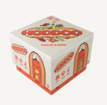 small white square box with 'Hoddog' written across an image of a hotdog