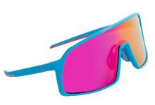 blue sunglasses with wide polarized pink lens on a white background 