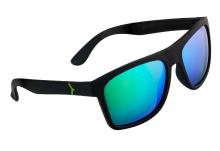 black sunglasses with a reflective green/blue lens 