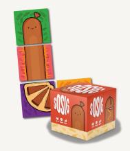 red box with cartoon sausage on it, next to three cards with stacked on top of each other showing a sausage shape 
