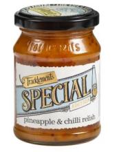 jar with 'special' written in a large font on a retro style logo, with 'pineapple & chilli relish' underneath. The lid is black, and the jar contains a orange/red coloured relish. The jar is on white background. 