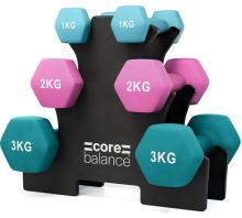 black dumbbel rack with light blue 1kg weights at the top, pink 2kg weights in the middle, and teal 3kg weights at the bottom, on a white background