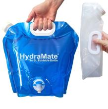 hand holding a blue water bottle pouch with white tap at the bottom, to the right is another hand holding a clear version of the bottle folded up