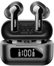 black earbuds above a black charging case with a front digital display displaying "100%' to show the charge level
