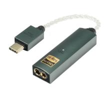 USB shaped device with two audio jack ports connected to a clear spiral wire which attaches to a USB-C adapter port 