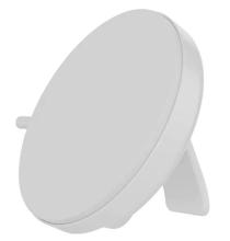 white circular unit with a small stand at the back