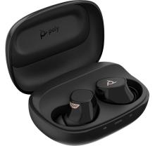 black earbuds in a black case, which has the 'Poly' logo inside the top of the case