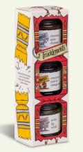 white box with a red Christmas cracker design on the front, with cut outs showing three different condiment jars inside 