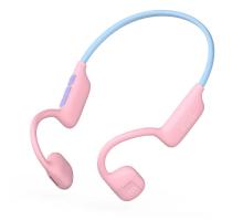 pink overear air conduction headphones connected by a light blue band 