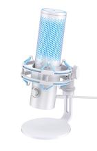 white/grey stand with gaming microphone in it, that is grey with a light blue top. All on a white background. 