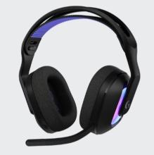 black gaming headphones with a microphone on one side and a purple head suspension band 