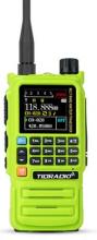 bright green handheld radio on white background 