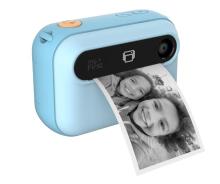 black instant print camera with a black and white photo bring printed out of the front of two people