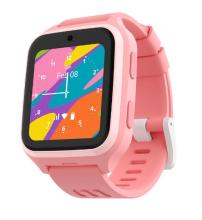 smartwatch with light pink watch strap and a colourful watch face design 