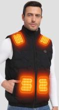 Image of a person wearing a black heated vest with glowing orange heating elements highlighted on shoulders and lower front pockets.