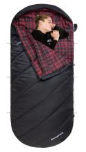 Image of person lying inside a black sleeping bag with a red and black plaid interior lining. The sleeping bag is partially unzipped, showing the person resting with their hands near their face.