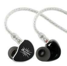 A pair of in-ear monitor headphones with clear braided cables and black earpieces.