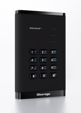 Image of black rectangular data encryption hard drive, with a built-in numeric keypad. 