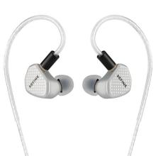 Image of pair of silver in-ear monitors with a clear braided cable. Each earpiece features a honeycomb pattern and has 'KEFINE' printed on the silver faceplates. 