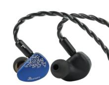 Image of pair of in-ear earphones with a braided black cable. One earpiece faceplate is visible, which is blue and has a decorative white engraved design. 
