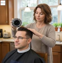 Image showing a woman cutting a seated man's hair with a round trimmer, the background is a home setting. 