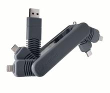 Image of compact, multi-connector design charging cable with various charging connectors unfolded from the main body of the  unit. 