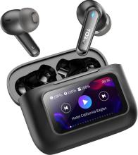 Image of black wireless earbuds with a charge case featuring a digital display screen. 