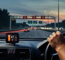 Image showing a driver's view of a road at dusk, with a digital speed limit signs displayed above the lanes. On the car's dashboard is a device which indicates the cars speed which is 47mph. 