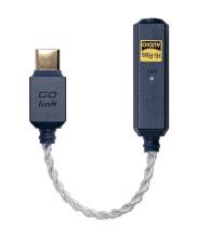 Image of compact audio adapter cable featuring a USB-C connector on one end, which is labeled 'GO Link', and on the other end is a rectangular module, which has a 'Hi-Res Audio' label on it. 