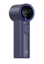 Image of handheld cylindrical electronic fan in dark blue with a circular digital display at the top. The fan has two buttons on the front for the fan speed and misting settings. 