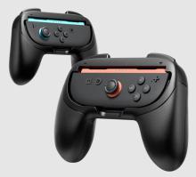Image of two black gaming controller grips around blue and red Nintendo Switch 2 Joy-Con controllers.