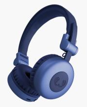 Image of blue and navy retro inspired on-ear headphones with padded headband and cushioned ear cups. The ear cup facing forward has a crab logo design on the outside of it. 