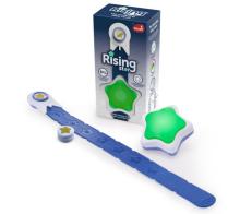 Image of Rising Star sleep training clock set, including a green star-shaped clock and a blue strip featuring small star cutouts. in front of the product box 